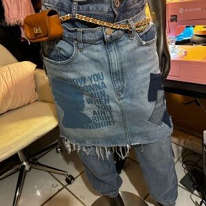 Denim Skirt with Graphic Print and Patchwork